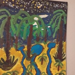 Nicole Tropical Palm Nightscape in Green, Blue and Yellow